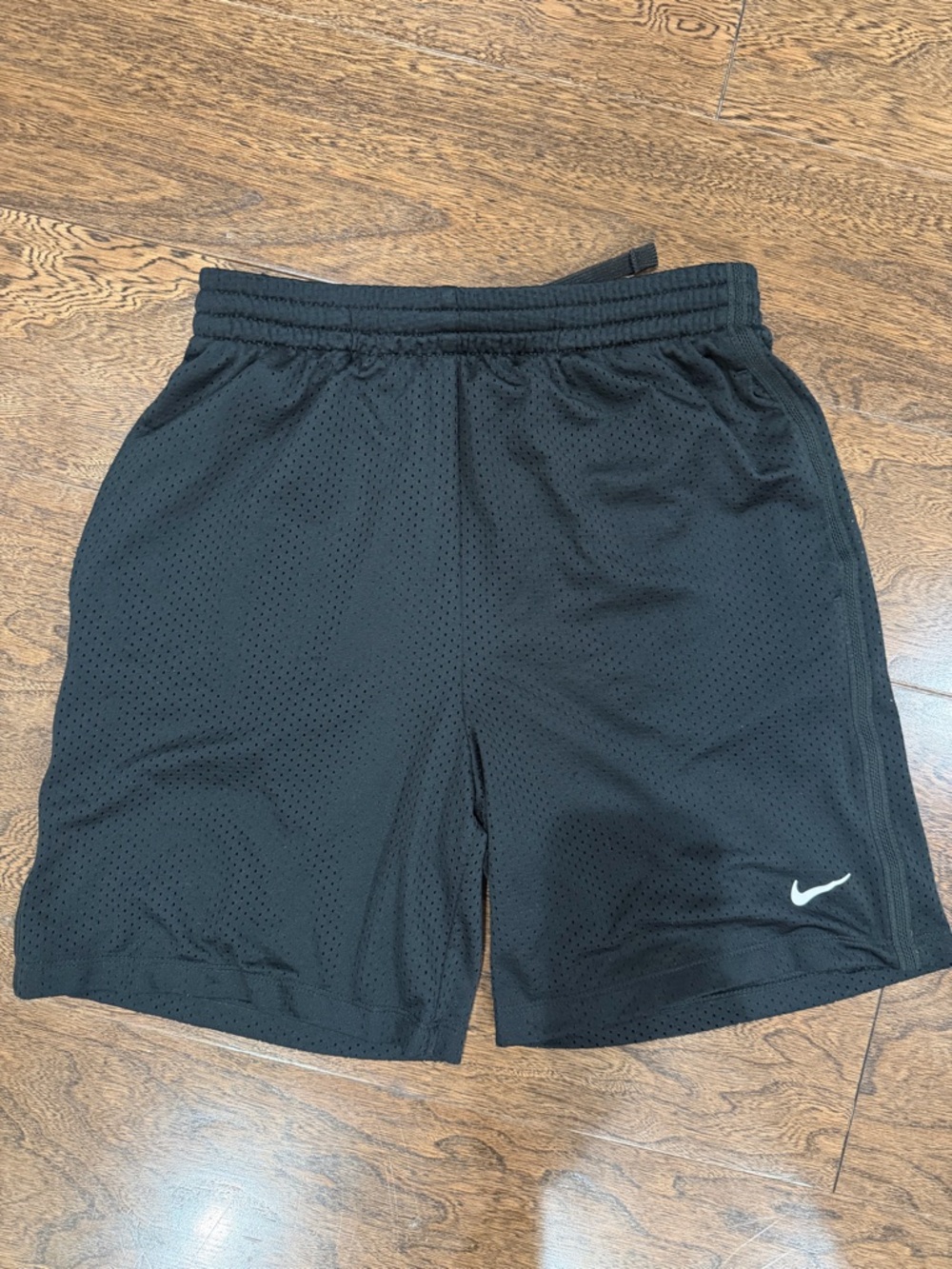 boys Nike Black Mesh Athletic Shorts with White Swoosh